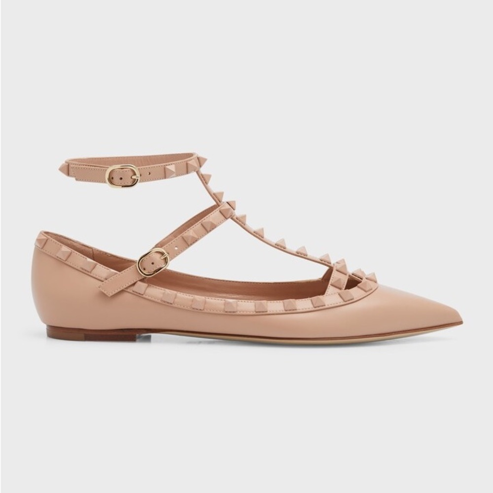 Valentino Garavani Tan Studded Flats with Ankle Strap